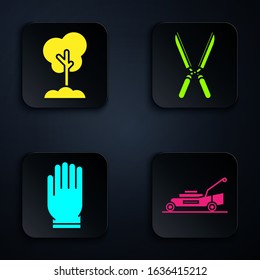 Set Lawn mower, Tree in the ground, Garden gloves and Gardening handmade scissors for trimming. Black square button. Vector
