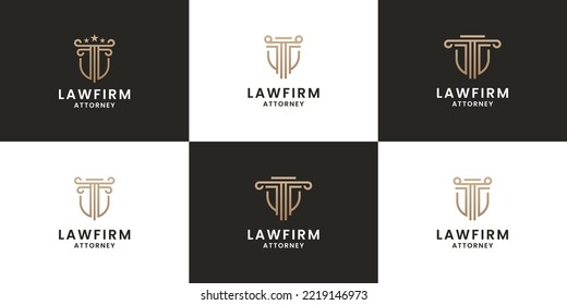 set of lawyer logo design emblem. shield justice with pillar concept