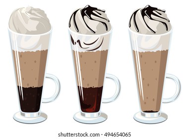 Set of layered coffee with whipped cream in a glass of Irish