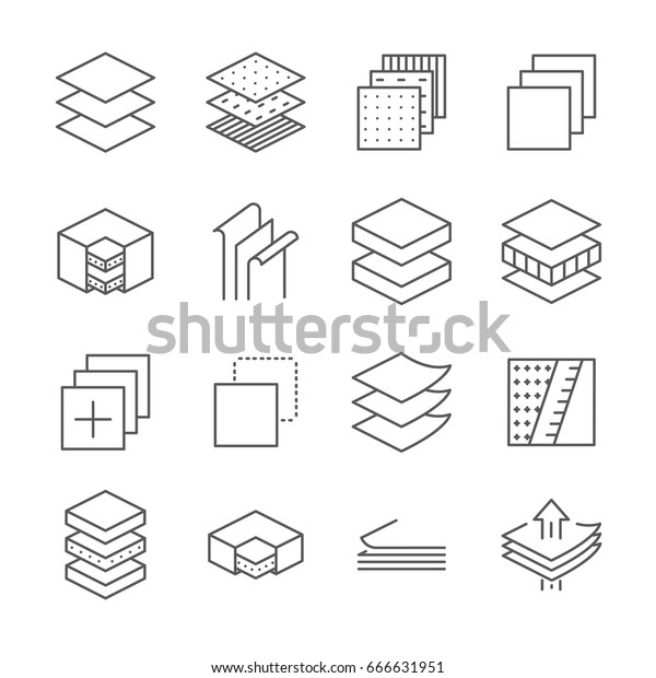 Set of layered material Related Vector Line\
Icons. Contains such icon as layers, coating, cover, thickness,\
stratum, sheet material