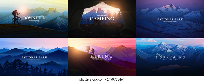 Set of layered mountains for poster. Dark blue landscape and sunset. Hiking and camping concept. Fog in a Swiss valley and forest. Vector Background. Traveler exploring the Austrian Alps.
