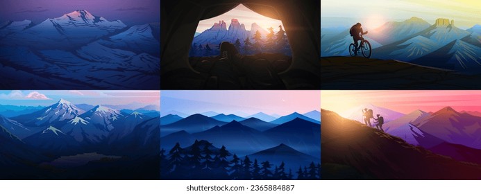 Set of layered mountains for poster. Dark blue landscape and sunset. Hiking and camping concept. Fog in a Swiss valley and forest. Vector Background. Traveler exploring the Austrian Alps.