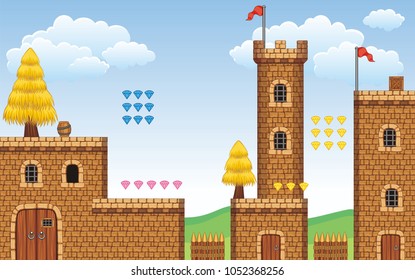 A set of layered vector game asset, 
contains background, ground tiles and several items, objects, decorations,
used for creating mobile games