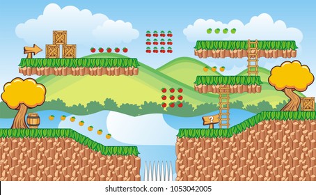 A set of layered vector game asset, 
contains endless scrolling background, ground tiles and several items, objects, decorations, plants and tree, can be used for creating mobile games