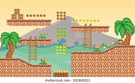 A set of layered vector game asset, 
contains endless scrolling background, ground tiles and several items, objects, decorations, plants and tree, can be used for creating mobile games