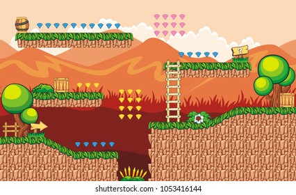 A set of layered vector game asset, contains scrolling endless background, 
ground tiles and several items, objects, decorations, used for creating mobile games