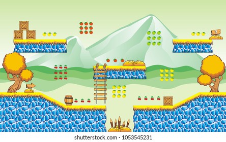 A set of layered vector game asset, contains scrolling endless background, ground tiles and several items, objects, decorations, used for creating mobile games