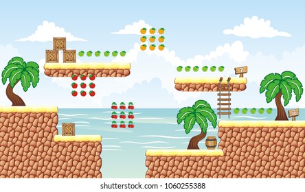 A set of layered vector game asset, 
contains endless scrolling background, ground tiles and several items, objects, decorations,
used for creating mobile games