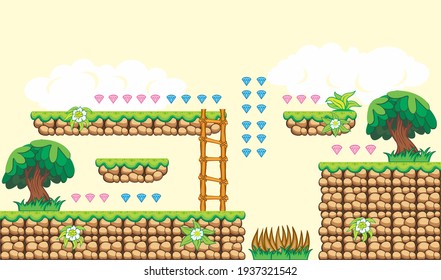 A set of layered vector game asset, 
contains background, ground tiles and several items, objects, decorations,
used for creating mobile games