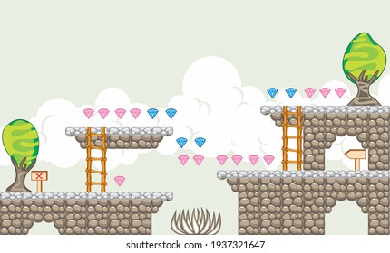 A set of layered vector game asset, 
contains background, ground tiles and several items, objects, decorations,
used for creating mobile games