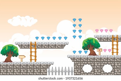 A set of layered vector game asset, 
contains background, ground tiles and several items, objects, decorations,
used for creating mobile games