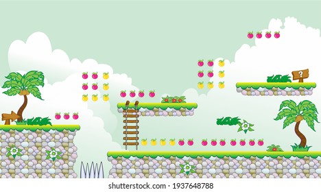 
A set of layered vector game background, 
ground tiles and several items, objects, decorations, 
used for creating mobile games
