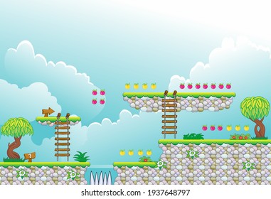 
A set of layered vector game background, 
ground tiles and several items, objects, decorations, 
used for creating mobile games