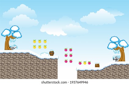 A set of layered vector game background, 
ground tiles and several items, objects, decorations, 
used for creating mobile games