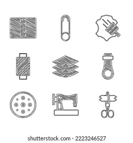 Set Layers clothing textile, Sewing machine, Scissors, Zipper, button, thread spool, Leather and Textile fabric roll icon. Vector
