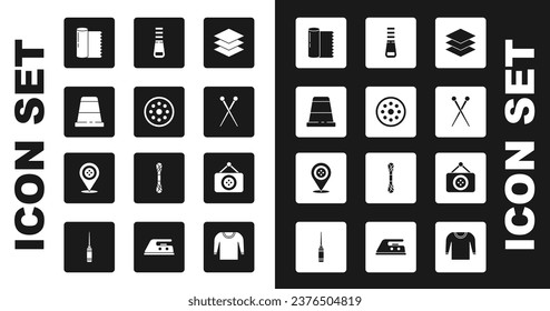 Fijar las capas de tela, botón de coser, Ligero para coser, Rollo de tela textil, agujas de punto, cremallera, Tienda de sastre e icono de sastre de ubicación. Vector