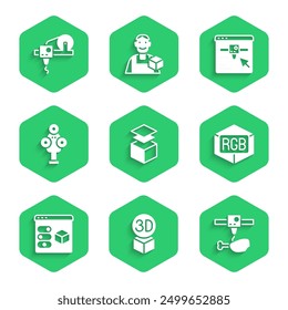 Set Layers, Isometric cube, 3D printer chicken leg, RGB and CMYK color mixing, scanner, setting and  icon. Vector