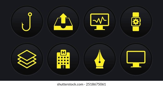 Set Layers, Smartwatch setting, Medical hospital building, Fountain pen nib, Monitor with cardiogram and Upload inbox icon. Vector