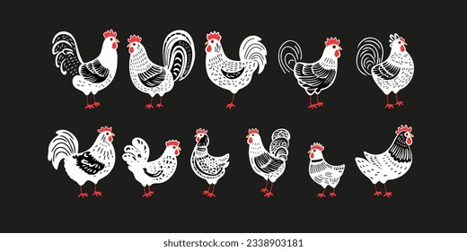Conjunto de gallinas ponedoras y gallos, ilustración vectorial en estilo de doodle o arte de línea