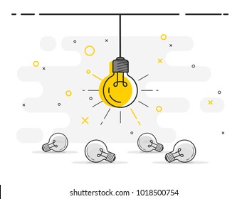 Set of laying light bulbs with one hanging and glowing. Trendy flat vector light bulb icons with concept of idea on white background. 
