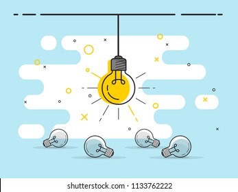 Set of laying light bulbs with one hanging and glowing. Trendy flat vector light bulb icons with concept of idea on blue background. 