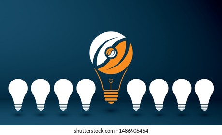 Set of laying light bulbs with one glowing. Trendy flat vector light bulb icons with concept of idea on blue background.