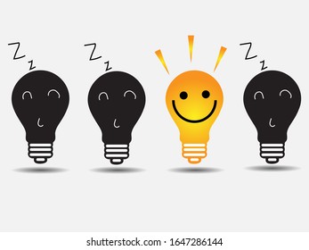 Set of laying light bulbs with one hanging and glowing. Trendy flat vector light bulb icons with concept of idea on white background.
