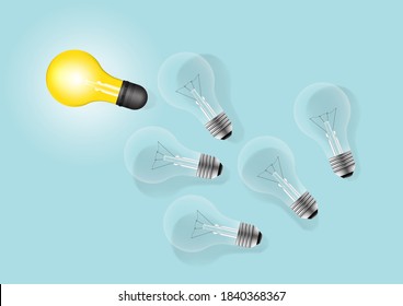Set of laying light bulbs with one glowing. Light bulb idea creative concept.