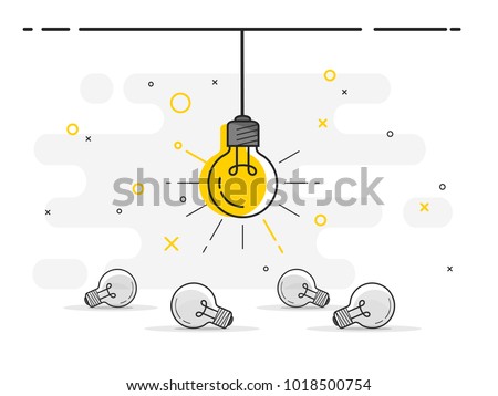 Set of laying light bulbs with one hanging and glowing. Trendy flat vector light bulb icons with concept of idea on white background. 
