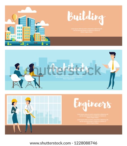 Set of the layout of the city and the architect. Banner vector illustration of working cartoon characters on the background. The concept of construction, architecture, design