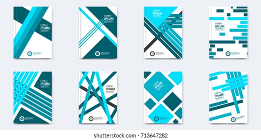 Set of layout cover template. Eight objects with different unique shapes design in blue colors. Can be used for poster, annual report, flayer, card, banner, book, broshure, leaflet, booklet and other.