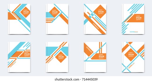 Set of layout cover template. Eight objects with different unique shapes design in blue colors. Can be used for poster, annual report, flayer, card, banner, book, brochure, leaflet, booklet and other.