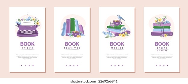Set of layout design for bookshop, library, bookstore, festival or education.  Books with spring flowers. Vector illustration