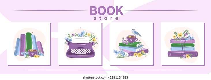 Set of layout design for bookshop, library, bookstore, festival or education.  Books with spring flowers. Vector illustration