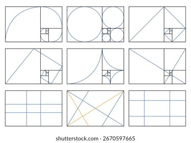 set of layout guides featuring golden ratios, point grids, and geometric principles. Ideal for compositions in photography, art, or design.