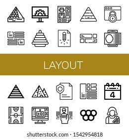 Set of layout icons. Such as Pyramids, Layout, Engeneering, Pyramid, Leaflet, Page, Webpage, Contact card, Soccer field, Edit tool, Business card, Olympic rings , layout icons