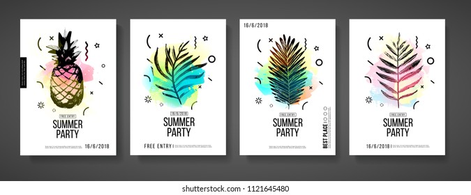 Set layout modern poster design for a summer party. Template with a decoration silhouette of tropical plant, pinapple and palm leaves and watercolor spots for a summer event. Vector.