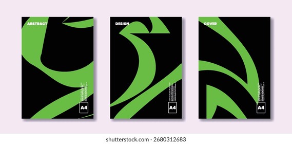Set of layout template with abstract green swirl on A4 black background for flyer, poster or cover