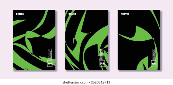 Conjunto de Plantilla de diseño con remolino verde abstracto sobre fondo negro A4 para volante, póster o portada