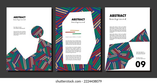 Set of layout template with geometric elements and retro striped pattern. Abstract texture colorful pencil scribble lines and diagonals