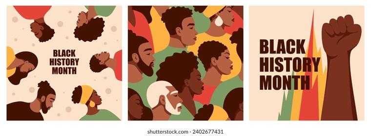 A set of layouts with African Americans. Black men and women. Fist.Black History Month. Cartoon, flat, vector illustration.