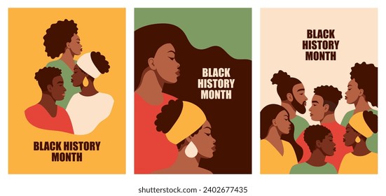 A set of layouts with African Americans. Black men and women. Fist.Black History Month. Cartoon, flat, vector illustration.