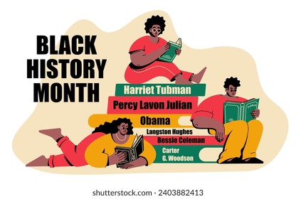 A set of layouts with African Americans. Black men and women read books. Black History Month. Cartoon, flat, vector illustration.