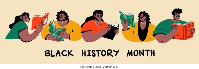 A set of layouts with African Americans. Black men and women read books. Black History Month. Cartoon, flat, vector illustration.