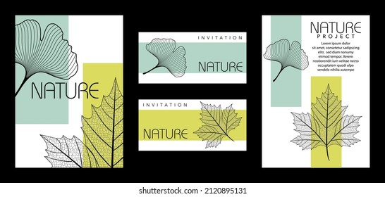 Set of layouts in brochure or invitation card formats with simple and modern graphics on the theme of nature and illustrated with a leaf of ginkgo and plane tree. 