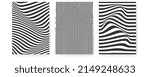 Set of layouts with distorted wavy lines. Monochrome pattern with flowing stripes. Optical minimalistic background. Vector illustration. Poster templates.