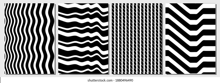 Set of layouts. Geometric abstract background. Wave lines. Black and white minimal texture. Template for Cover, Poster, Banner, Magazine, Flyer.