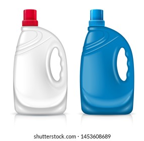 
A set of layouts plastic bottles for storing liquid substances, powder. Advertising template. Containers of blue and white colors. Isolated on white background. Vector illustration.
