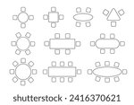 Set of layouts of seats in a restaurant, cafe, dining room. Schematic tables and chairs icons. Graphic furniture symbols. Top view of architectural seating plan. Vector outline illustration