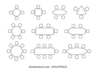 Set of layouts of seats in a restaurant, cafe, dining room. Schematic tables and chairs icons. Graphic furniture symbols. Top view of architectural seating plan. Vector outline illustration